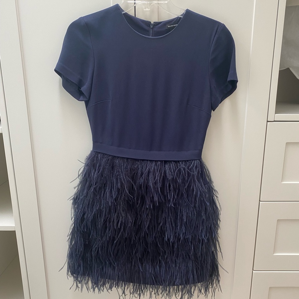 Club Monaco Brionia Dress Navy Ostrich Feather